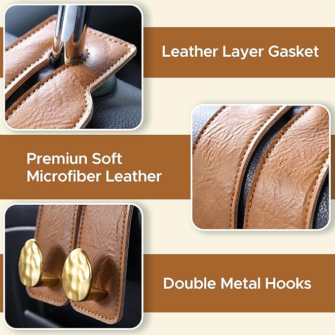 URIZZD 2PCS Leather Car Seat Hooks for Headrest, Vehicle Hanger Storage Organizer Universal for Handbag Purse, Car Accessories Gift (Brown-Gold)
