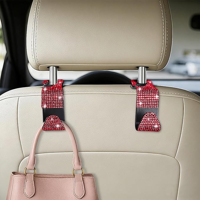 HZEL Bling Car Seat Headrest Hooks, 4PCS Crystal Rhinestone Vehicle Seat Back Hanger Holder for Purses Bag Handbags, Diamond Headrest Storage Organizer, Universal Auto Accessories (Red)