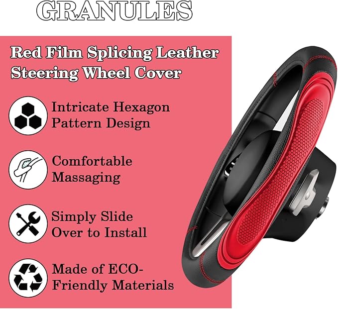 Red Film Splicing Leather Steering Wheel Cover, Microfiber Leather, Anti-Slip, Breathable, Universal Fit for 14.5–15 in Steering Wheel Cover for Men Women