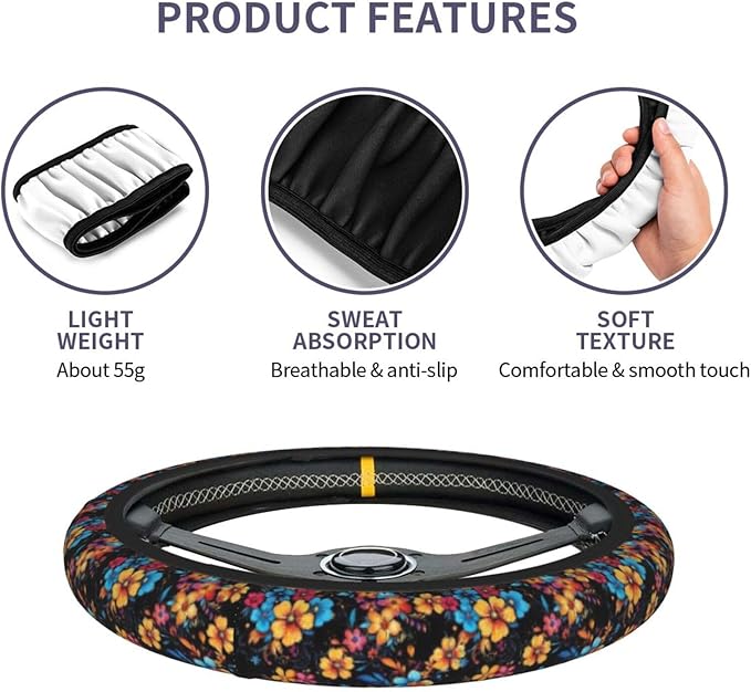 Colorful Floral Steering Wheel Cover for Women Men Girls Car Accessories Decor Anti-Slip Neoprene Auto Steering Wheel Covers Protector Universal 15 Inch