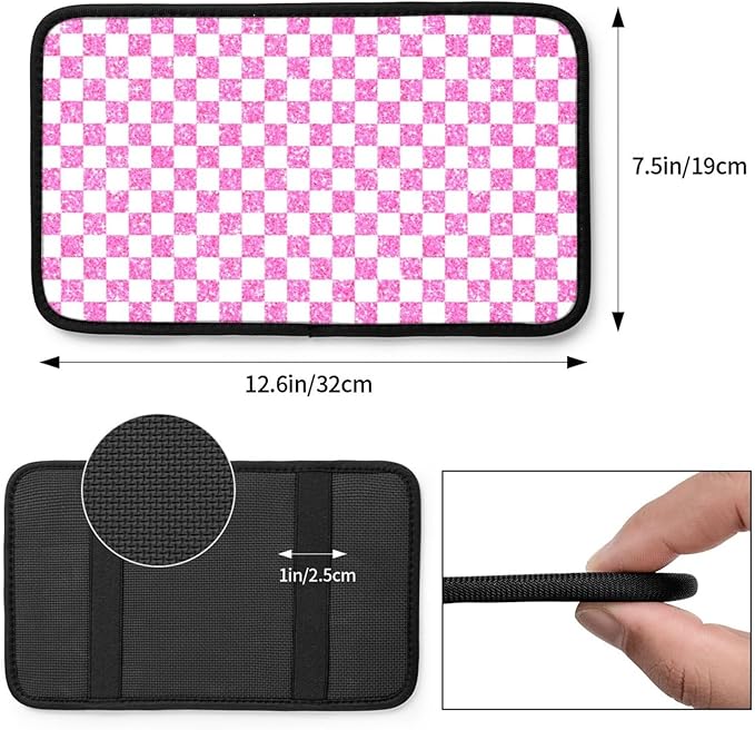 Glitter Pink White Checkered Chessboard Flag (2) Car Armrest Pad Cute Cars Center Console Cover Auto Handrail Box Cushion Armrests Cover