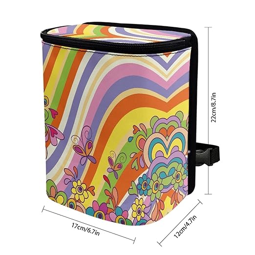 Colorful Hippie Butterfly Car Trash Can with Lid Hanging Trash Bag Leak-Proof Portable Garbage Bin Interior Car Organizer