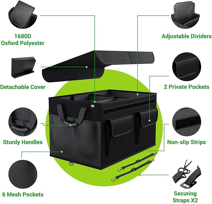 MIU COLOR Car Trunk Organizer with Lid, Foldable Car Storage Organizer with 3 Compartments, 8 Pockets, Leather Handles, Non-Slip Bottom, Car Organizer and Storage for SUV, Van, Grocery, Camping