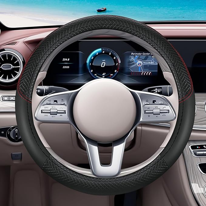 Black Car Steering Wheel Cover, Microfiber, Leather Patchwork, Universal 14.5-15 Inch Leather Anti-Slip Breathable Auto Steering Wheel Covers for Men Women