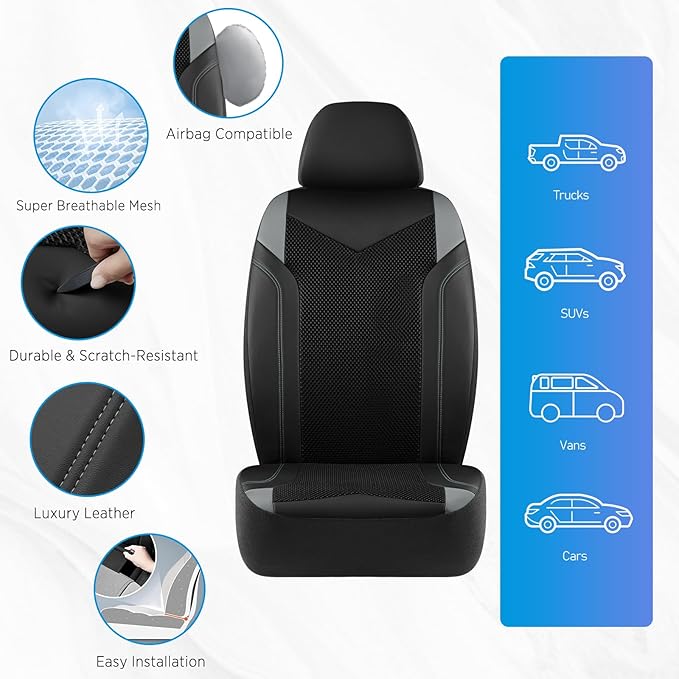 PIC AUTO Car Seat Cover, Super Breathable Mesh Front Seat Cover for Cars, Gray Leather Seat Covers, Universal Fit, Durable, Airbag Compatible, Suitable for SUVs, Trucks, Sedans, and Vehicles