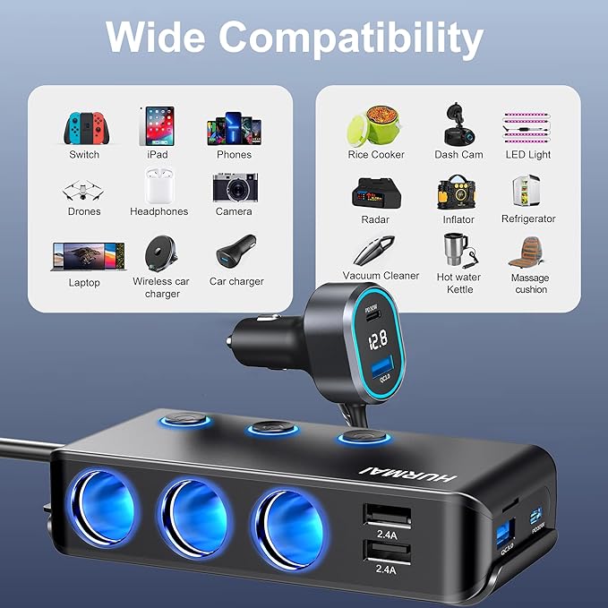Cigarette Lighter Splitter,3 Socket Cars Cigarette Lighter Adapter,Heavy Duty Truck USB Chager Multi Port