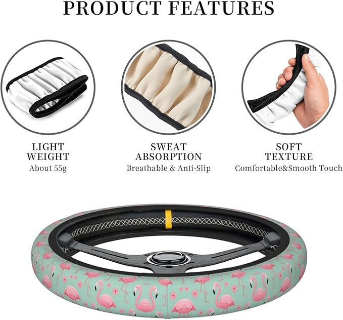 Flamingoes Pattern Neoprene Steering Wheel Covers Women Men Car Accessories, Universal 15 Inch Fit Auto, Suvs, Truck