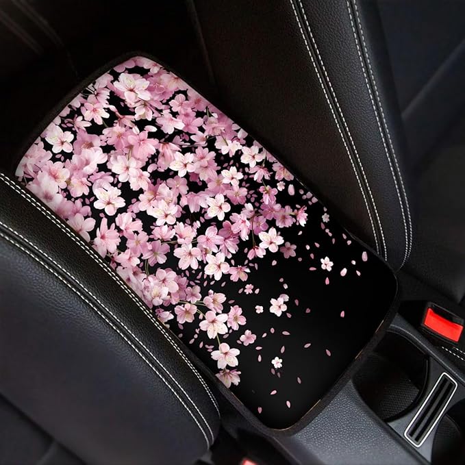 Cherry Blossom on Black Auto Center Console Cover Arm Rest Cover for SUV Truck,Soft Car Arm Rest Cover Universal Fit