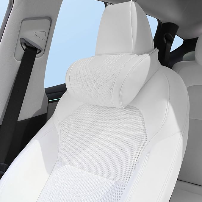Dapucarin Car Headrest Memory Foam Neck Pillow for Driving with Leather Cover Soft Comfortable Seat Head Pillow Cushion for Most Cars SUV Sedan Home Office, White, 1PC
