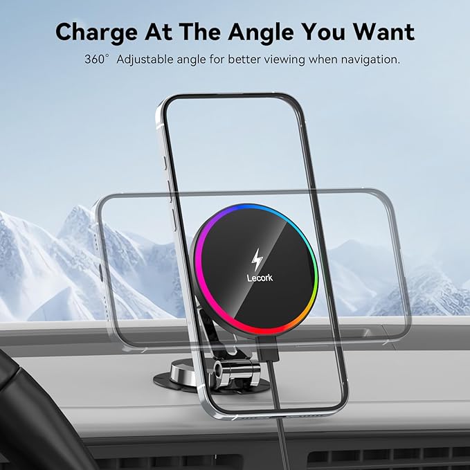 Lecork for Magsafe Car Mount Charger, 15W Magnetic Wireles Car Charger for iPhone 12 13 14 15 16 Series, Stick On Dashboard Phone Holder Mount for Samsung S25 Series, Zinc Alloy Shell, Black