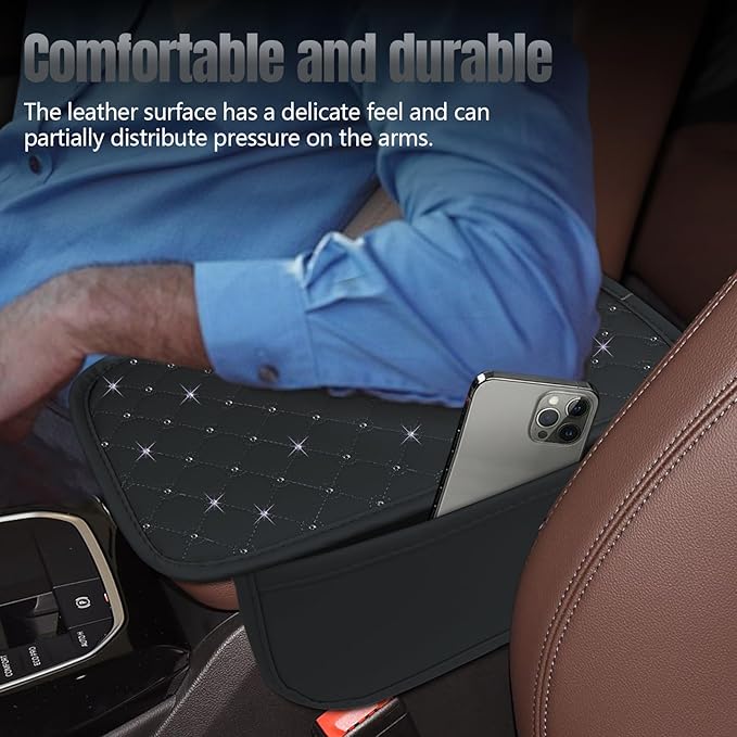 wuyaoyao Bling Car Center Console Cover, 11.81"×7.87" Leather Auto Arm Rest Cover Protector with 2 Storage Bags, Vehicle Crystal Rhinestone Armrest Cushion Pad, Interior Car Accessories (Black)