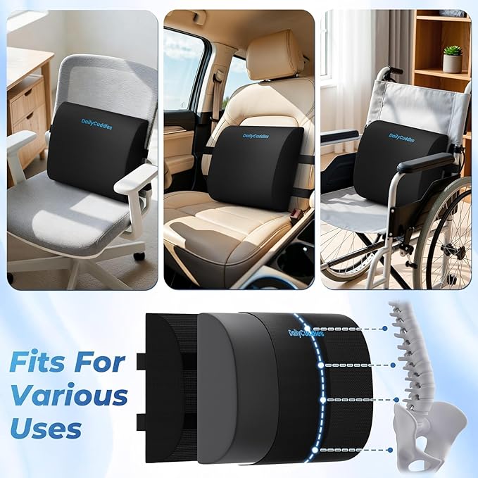 DailyCuddles Lumbar Support Pillow for Office Chair Back Support - Memory Foam Lumbar Pillow for Car or Gaming Chair, Ergonomic Back Cushion with Adjustable Strap for Long-Hour Sitting (Black,X-Large)