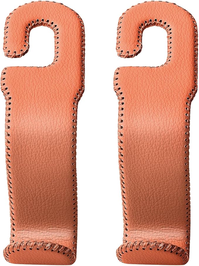 AMVOYOA Leather Hooks for Headrest - Fully Leather-Wrapped U-Shaped Purse Holder for Car, Flexible Seat Back Organizer & Durable Car Accessories for Purses, Bags, Coats & More (Brown, 2 Pack)