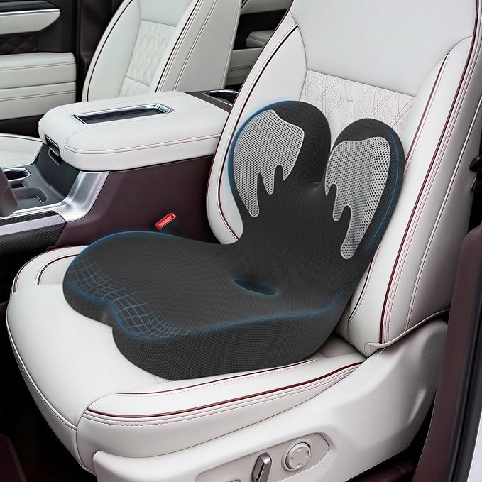 Trucker Seat Cushion, Car Seat Cushion Memory Foam Ergonomic Lumbar & Tailbone Support Pillow for Hemorrhoid, Coccyx & Sciatica Relief, for RV, SUV, Office Chair, Wheelchair (White)