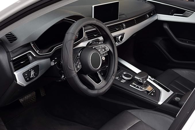 KAFEEK Steering Wheel Cover, Universal 15 inch, Microfiber Leather, Anti-Slip,Odorless, Black Lines