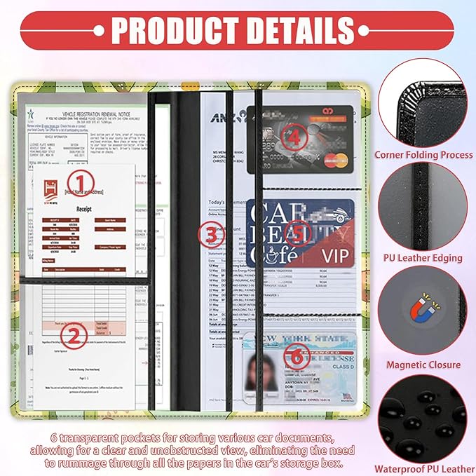 Car Registration and Insurance Card Holder for Women Men, Waterproof PU Leather Glove Box Car Organizer with Magnetic Shut, Vehicle Document Holder for Driver License,Cards, Cute Avocado Pattern