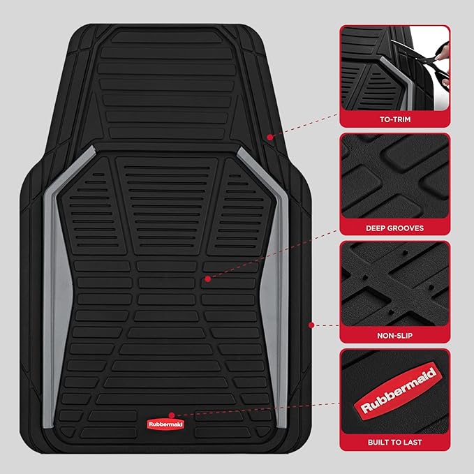 Rubbermaid Car Mat Full Set All-Weather Heavy-Duty 4 Pieces– Trim-to-Fit Universal Car Mats Full Set – Waterproof Rubber Floor Liners for Most Trucks, SUVs, Vans, and Sedans-Gray