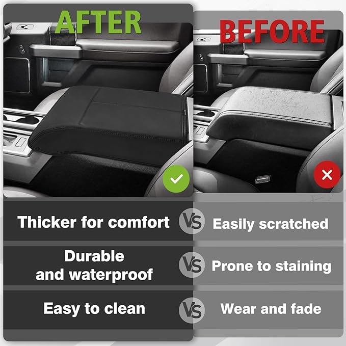 Muslogy Center Console Armrest Cover Compatible with Ford F150 2015-2020&F250 F350 F450 2017-2022&Expedition 2018-2024 Comfort Elbow Pad Arm Rest Cushion Vegan Leather Regular Thick (Bucket Seat ONLY)