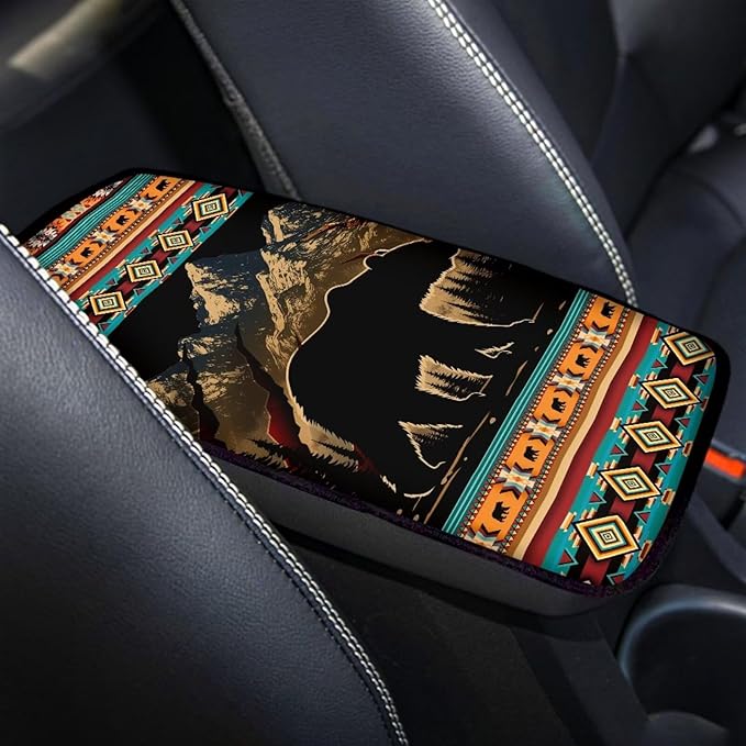 Horeset Aztec Brown Bear Car Armrest Cover Center Console, Auto Arm Rest Seat Protection Interior Accessories Fit Most Vehicle