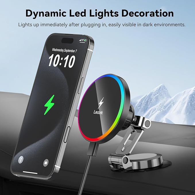 Lecork for Magsafe Car Mount Charger, 15W Magnetic Wireles Car Charger for iPhone 12 13 14 15 16 Series, Stick On Dashboard Phone Holder Mount for Samsung S25 Series, Zinc Alloy Shell, Black