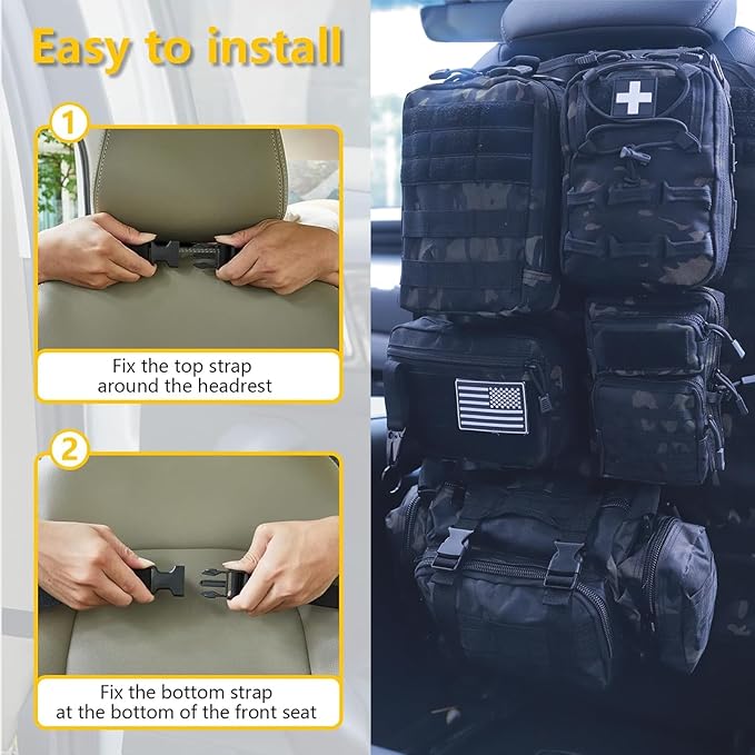 Universal Tactical Car Seat Back Organizer Bag Tactical Molle Vehicle Organizers Panel Vehicle Protector Organizers with 5 Detachable Pouches for Car Truck Ford Jeep (Model B-Black camo)