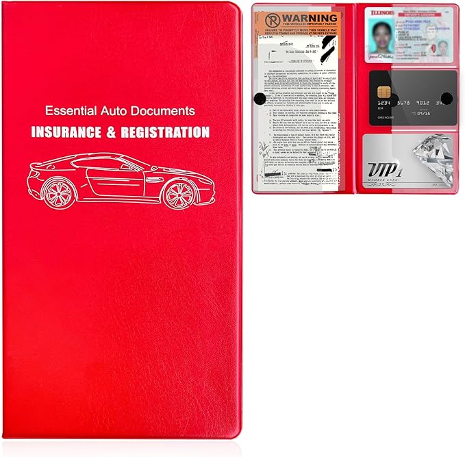 Car Registration and Insurance Holder, 9.56"×5.19" Glove Box Organizer Vehicle Document Holder, Waterproof Essential Driving License Wallet Case for Sedan Truck SUV (Large Car, Red)