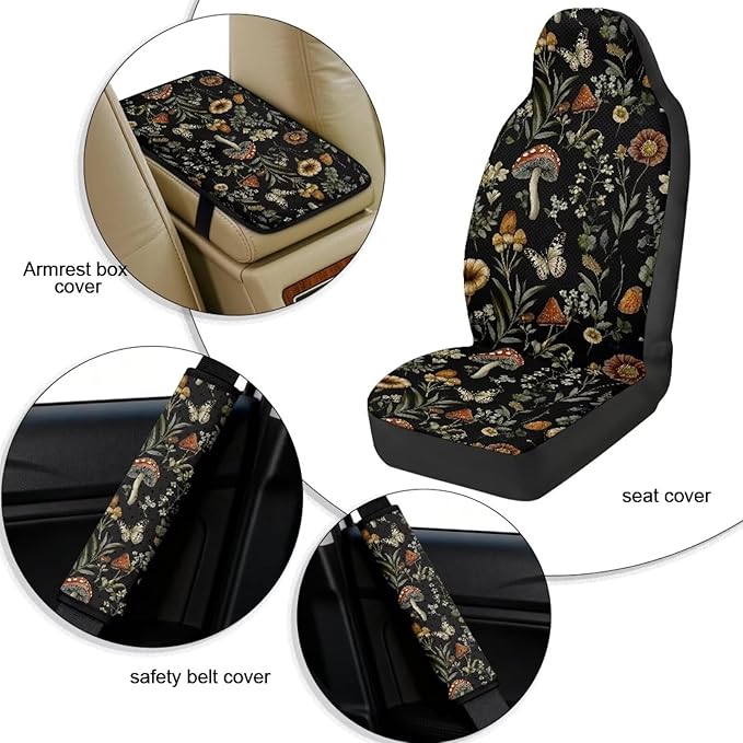 Qeluxign 5 Piece Car Seat Covers Full Set,Front Seats Cover/Auto Seatbelt Shoulder Pads/Vehicle Center Console Armrest Cover,Universal Car Accessories Men Women Gifts,Mushroom Floral Butterfly