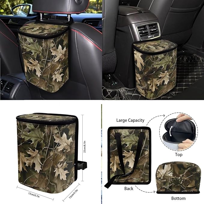 10 Piece Car Seat Cover Sets for Women and Men, Camouflage Hunting Printed Car Front and Back Seat Protector Steering Wheel Cover Trash Can Air Vent Storage Bag Wristlet Keychain