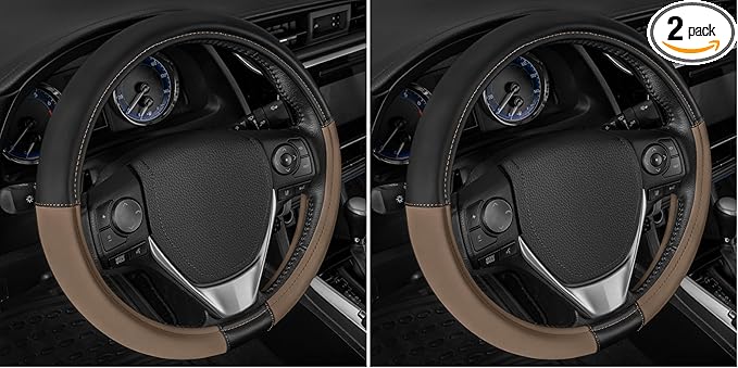 Caterpillar Two Tone Ergonomic Soft Leather Grip Steering Wheel Cover – Strong, Durable and Comfortable Universal Size 14.5-15.5 Inch (Beige/Black) (CASW-2221-BG) (Pack of 2)