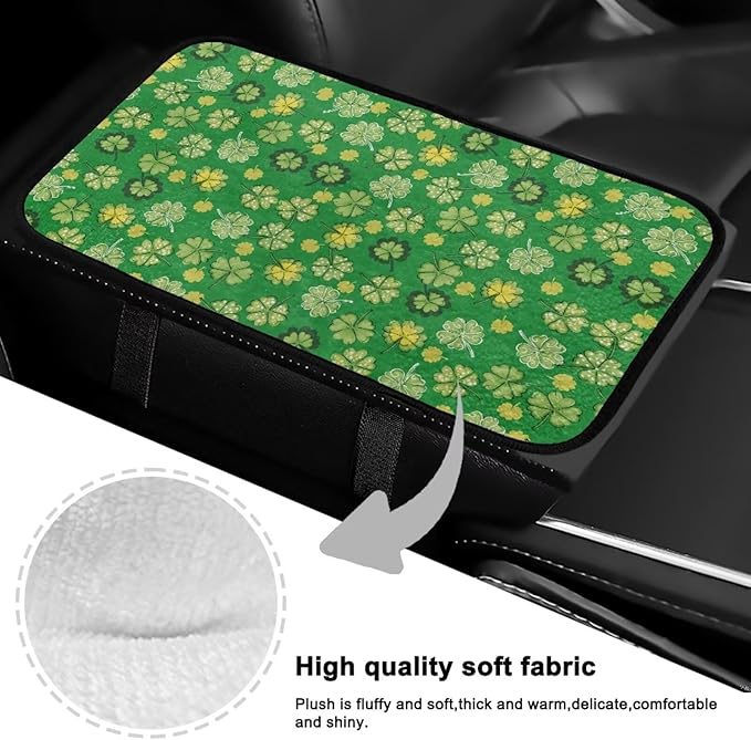 Bulopur St. Patrick's Clover Arm Rest Cover Car Flannel Center Console Cover Easy to Install Car Decor Accessories Auto Armrest Console Cover for Most Vehicle, SUV, Truck, Car