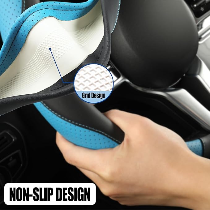 Binsheo Leather Auto Car Steering Wheel Cover Anti-Slip Heavy Duty, Elegant, Non-tonix, Universal 15 Inch, Black&Blue