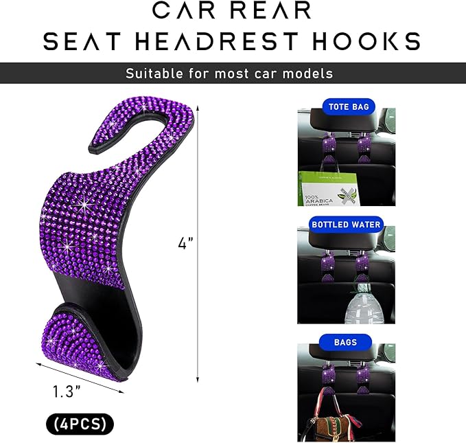 4PCS Bling Car Seat Headrest Hooks, Auto Back Seat Hanging Storage Organizer for Purse Handbag Coat, Rhinestone Vehicle Seat Hanger Holder for Women Girls, Car Accessories (Purple)
