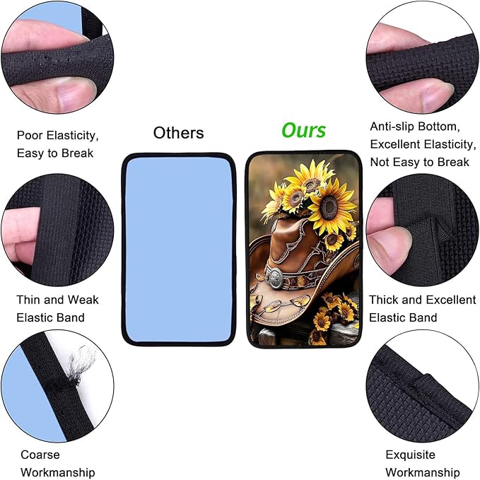 JANENFNA Car Armrest Cover Pads Universal Fashion Cute Auto Center Console Armrest Cover Pad with 2PCS Car Coasters Soft Waterproof Car Armrest Seat Protector for Women,Cowboy Hat Sunflowers-A