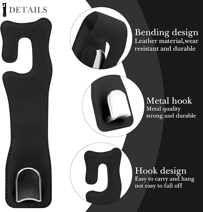 Adorila Headrest Hooks for Car - Leather Hanger with Metal Hooks for Seat Back Storage & Purses (Black, 2-Pack)