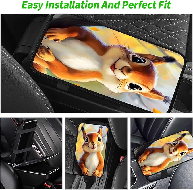JANENFNA Car Armrest Cover Pads Universal Fashion Cute Auto Center Console Armrest Cover Pad with 2PCS Car Coasters Soft Waterproof Car Armrest Seat Protector for Women,Cute Squirrel