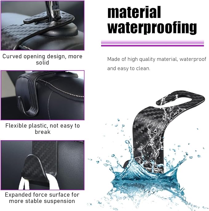 4 PCS Car Seat Headrest Hooks, Auto Backseat Organizer Hanger Holder, Vehicle Seat Back Storage Hooks for Purse Coat Umbrella Grocery Bag Handbag, Interior Car Accessories (Carbon Fiber)