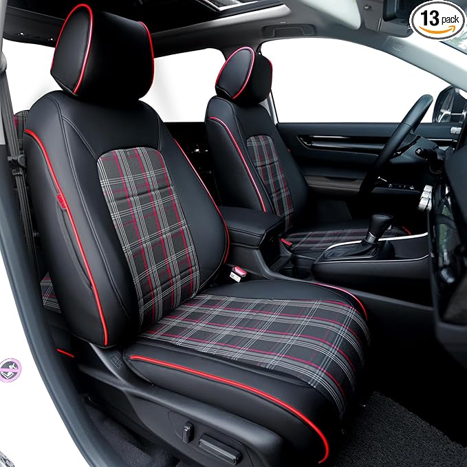 HKZ Fit CRV Car Seat Covers Full Set for Honda CR-V 2023 2024 2025 2026 CRV LX;EX;EX-L;Sport;Touring;Special Edition & Hybrid Model - Leather (Scottish Style Black/Red)