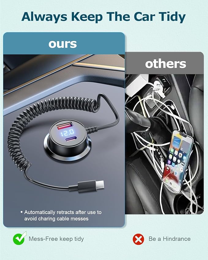 66W Car Charger for iPhone 17/16 Pro Max,PD & QC3.0 Super Fast Car Adapter with 5FT USB C Coiled Cable for iPhone 17/16/15 Pro Max,iPhone 17 Air,iPad Pro,Samsung Galaxy S25/S24/S23,Pixel 10,Android