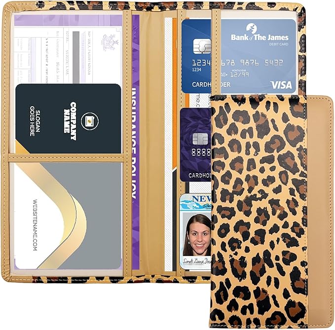 FinestHouse Car Registration and Insurance Holder with Magnetic Closure, Universal Document Organizer for License, Insurance Cards & Glove Box Storage (Leopard-Brown)