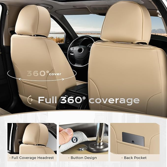 Coverado Car Seat Covers, Front Covers for Cars, Car Seat Cover Front Seats, Automotive Seat Cover, Waterproof, Leather Car Seat Cushion, Universal Interior Covers Seat Protectors for Most Cars Beige
