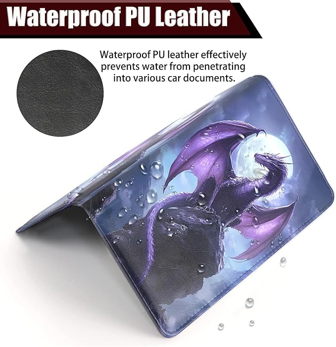 Car Document Holder with Magnetic Shut, Car Registration and Insurance Card Holder, Vehicle Glove Box Organizer Documents, Driver License, Auto Paperwork Organizer Wallet, Purple Dragon Moonlight