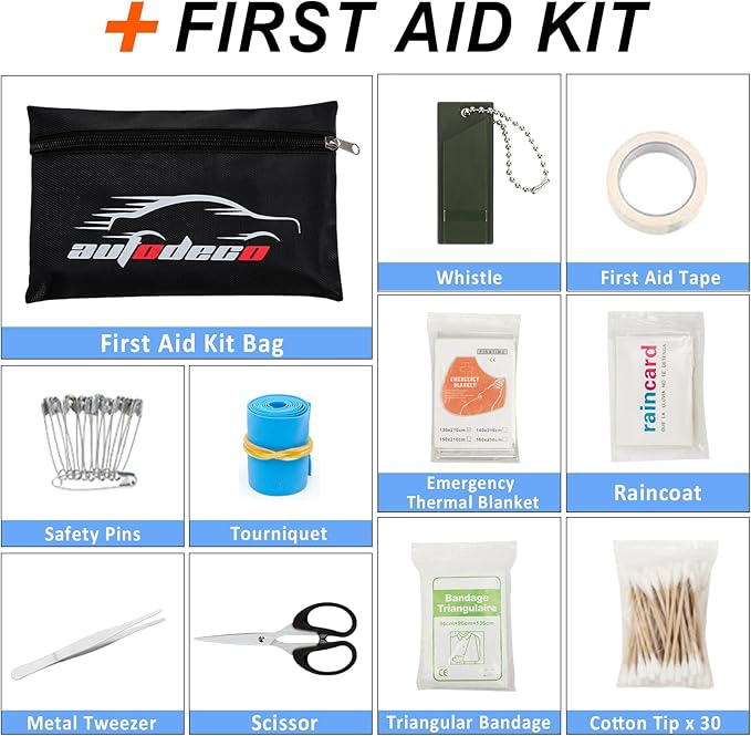 AUTODECO 105 PCS Roadside Car Emergency Assistance Kit with Portable Air Compressor Jumper Cables