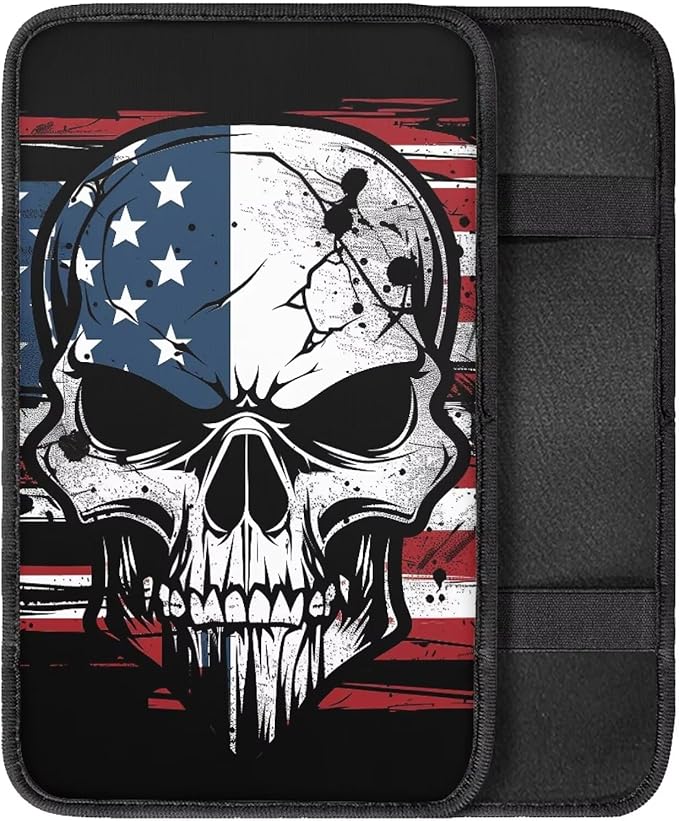 Auto Center Console Armrest Pad Seat Box Cover Universal Fit Car Armrest Cover Cushion Mat for Vehicle, SUV, Truck, Skull American Flag