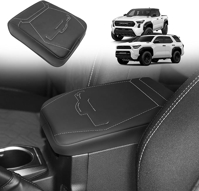 Muslogy Center Console Armrest Cover Compatible with 2024 Toyota Tacoma Accessories Armrest Lid Protector Vegan Leather Cushion Regular Thick(Black/Gray Stitching)