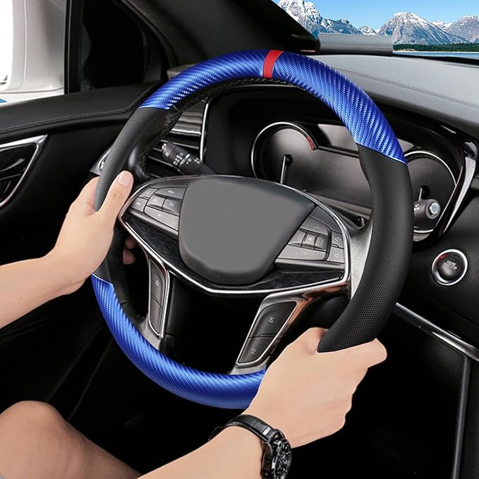 Black & Blue Carbon Fiber Leather Steering Wheel Cover, Microfiber Leather, Anti-Slip, Breathable, Universal Fit for 14.5–15 in Steering Wheel Cover for Men Women