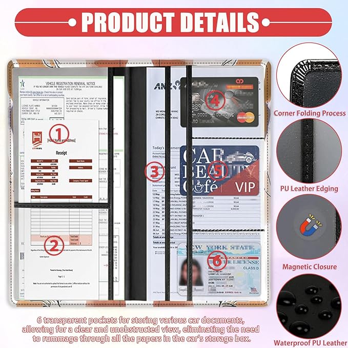 Car Registration and Insurance Card Holder for Women Men, Waterproof PU Leather Glove Box Car Organizer with Magnetic Shut, Vehicle Document Holder for Driver License,Cards, Modern Art, Leaves