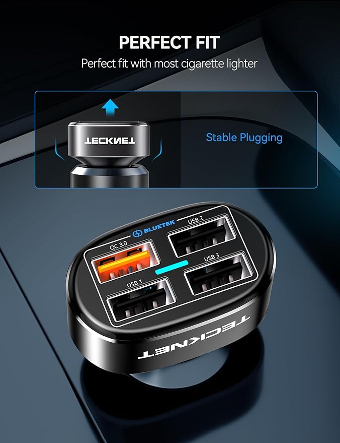 TECKNET USB Car Charger, 54W 4-Port Car USB Charger Multi Port Adapter, QC 3.0 Port Cigarette Lighter Charger, Fast Charging Adapter, Compatible with iPhone 15 Pro Max/15 Plus/15/14/13（Dark Black）
