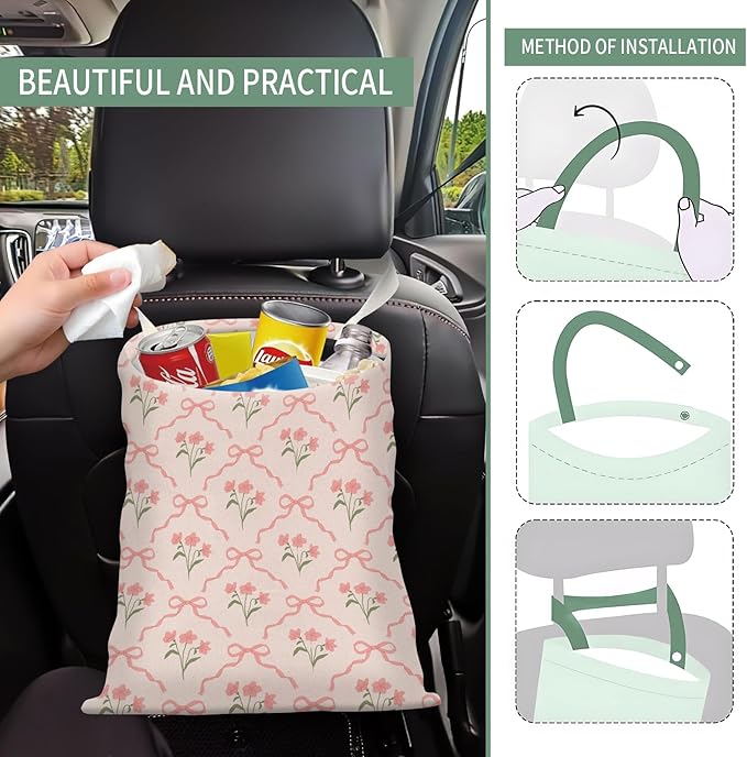 Cute Car Trash Can, Hanging Canvas Car Back Seat Organizer and Storage Bag, Funny Car Trash Bag for Travelling, Outdoor Cute Pink Flower