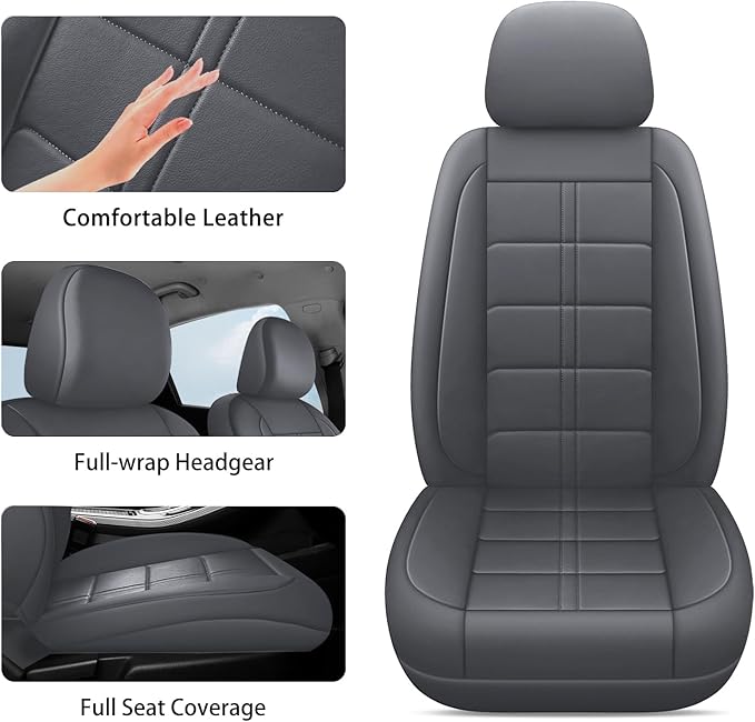 crossmiles Faux Leather Car Seat Covers Full Set, Foam Seat Cover for Car, Universal Car Seat Protector with Waterproof and Breath Fit for Cars, Trucks, SUV, Vans (Grey Square)