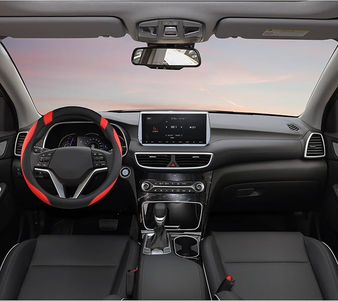 West Llama Customized Auto Car Steering Wheel Cover for Hyundai,Tucson,Sonata,Elantra,Santa Fe,Genesis,Sonata Hybrid,Azera,Venue,Kona, 14.5-15 inches(Black+Red - Standard Size)
